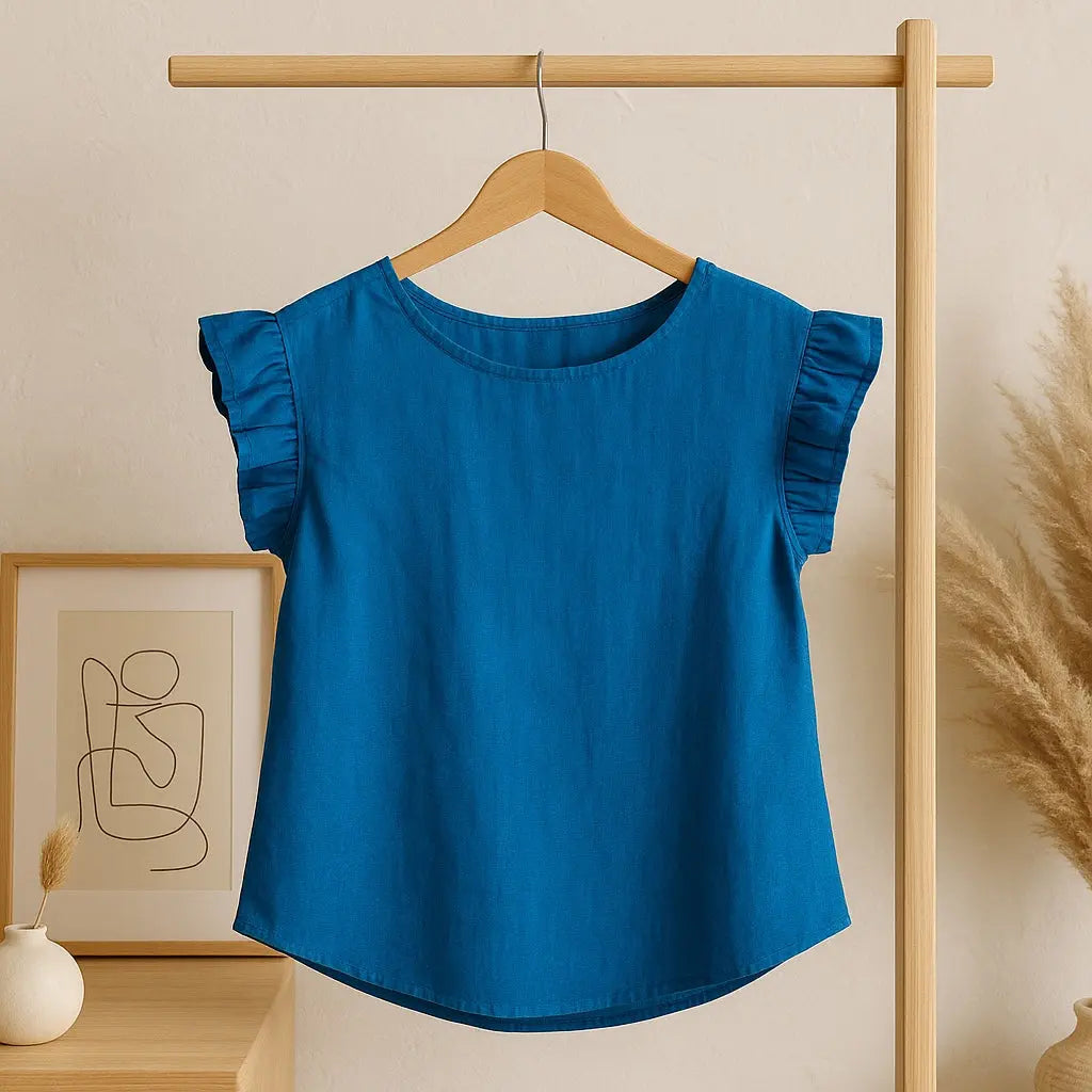 Blouse en Jean Femme Taille Unique Col Rond Manches Courtes avec Volants la petite friperie
