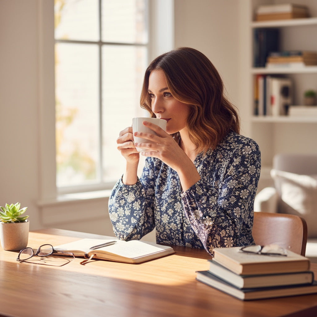 Blouse femme Gérard Pasquier 42 bleu marine à motif fleuri blanc, manches longues bouffantes et col à nouer