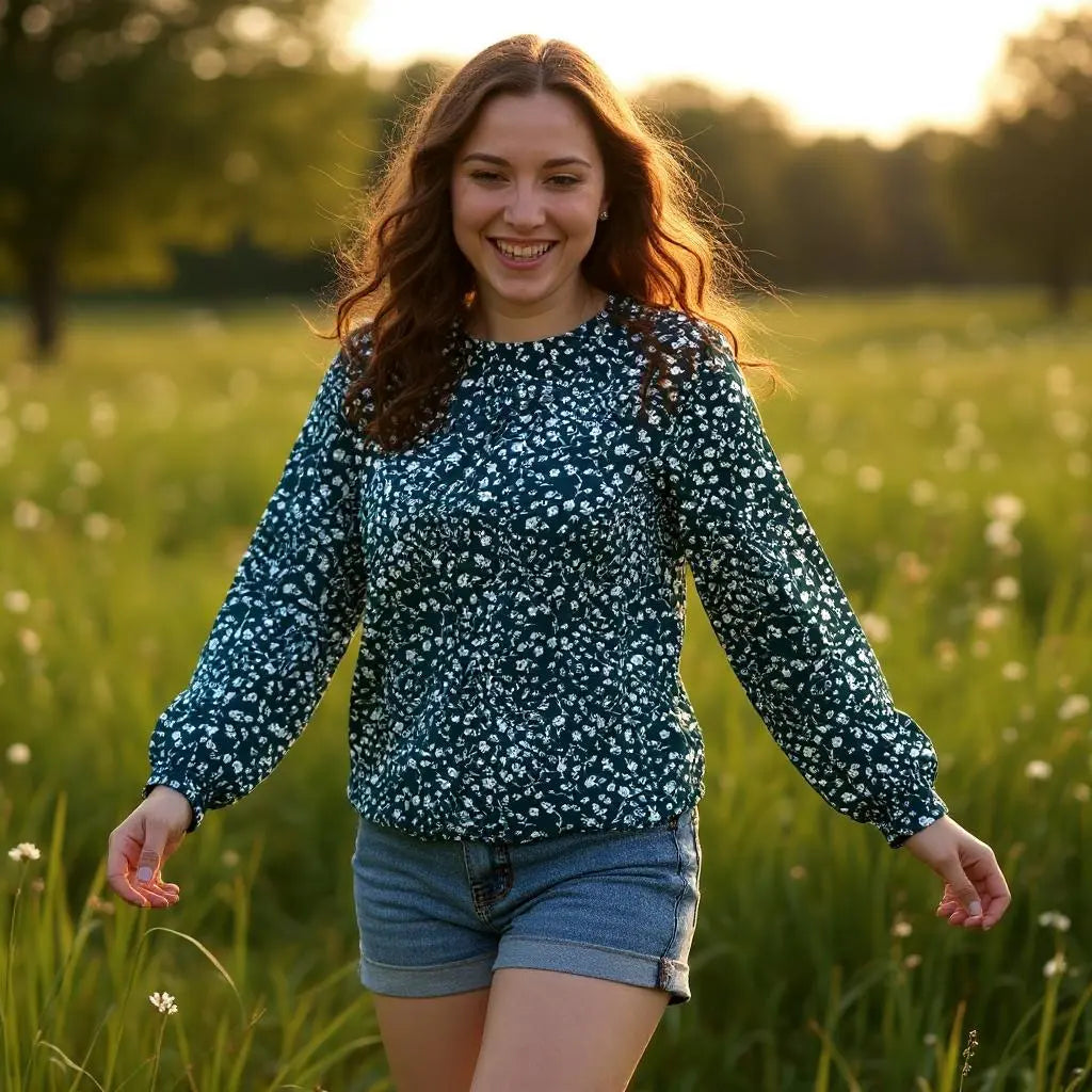 Blouse fluide femme Shein XL 44 vert imprimé fleurs col froncé