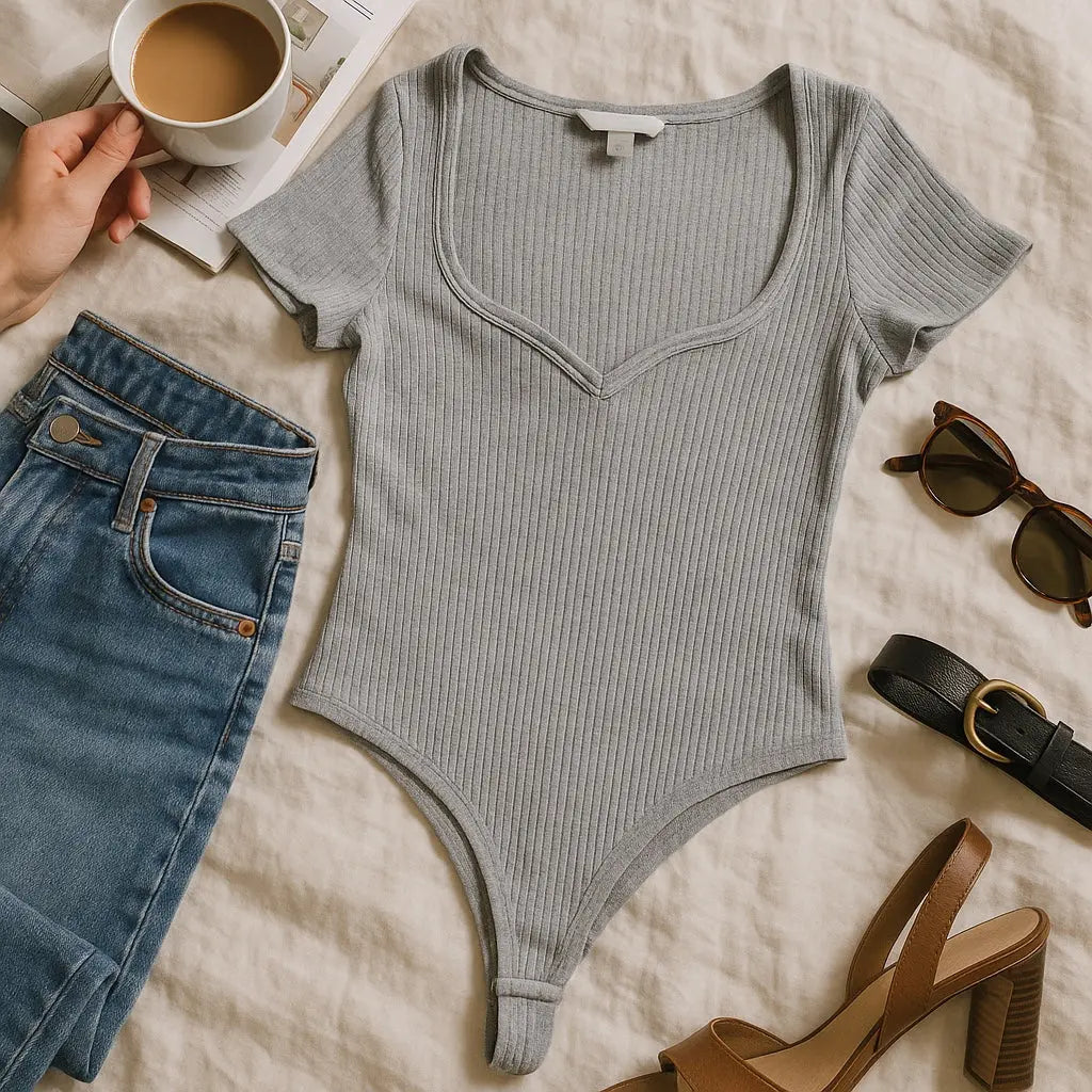 Body femme H&M XL – Noir ou gris rainuré | Col bateau cœur & manches courtes H&M