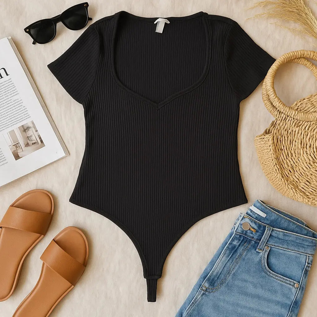 Body femme H&M XL – Noir ou gris rainuré | Col bateau cœur & manches courtes H&M