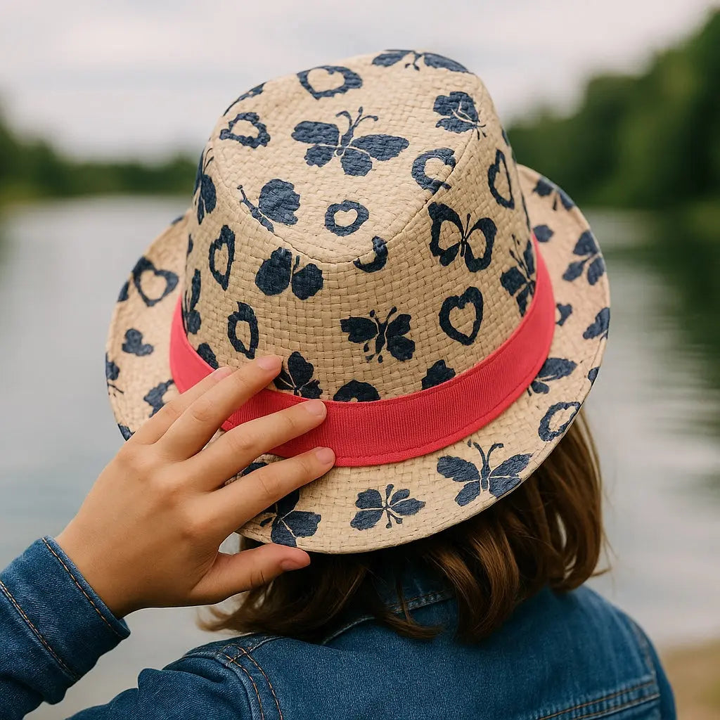 Chapeau paille enfant fille 52 cm ruban rose papillons bleus