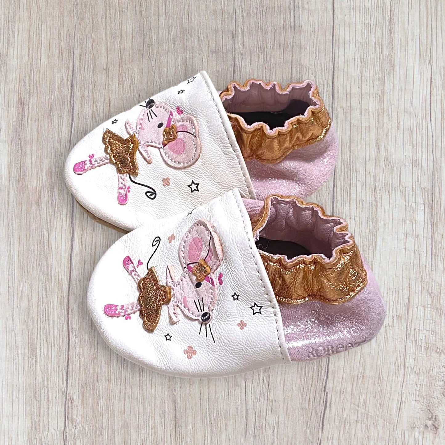 Chaussons bébé fille Robeez neufs – souris ballerine en tutu doré – cuir souple – taille 0-6 mois