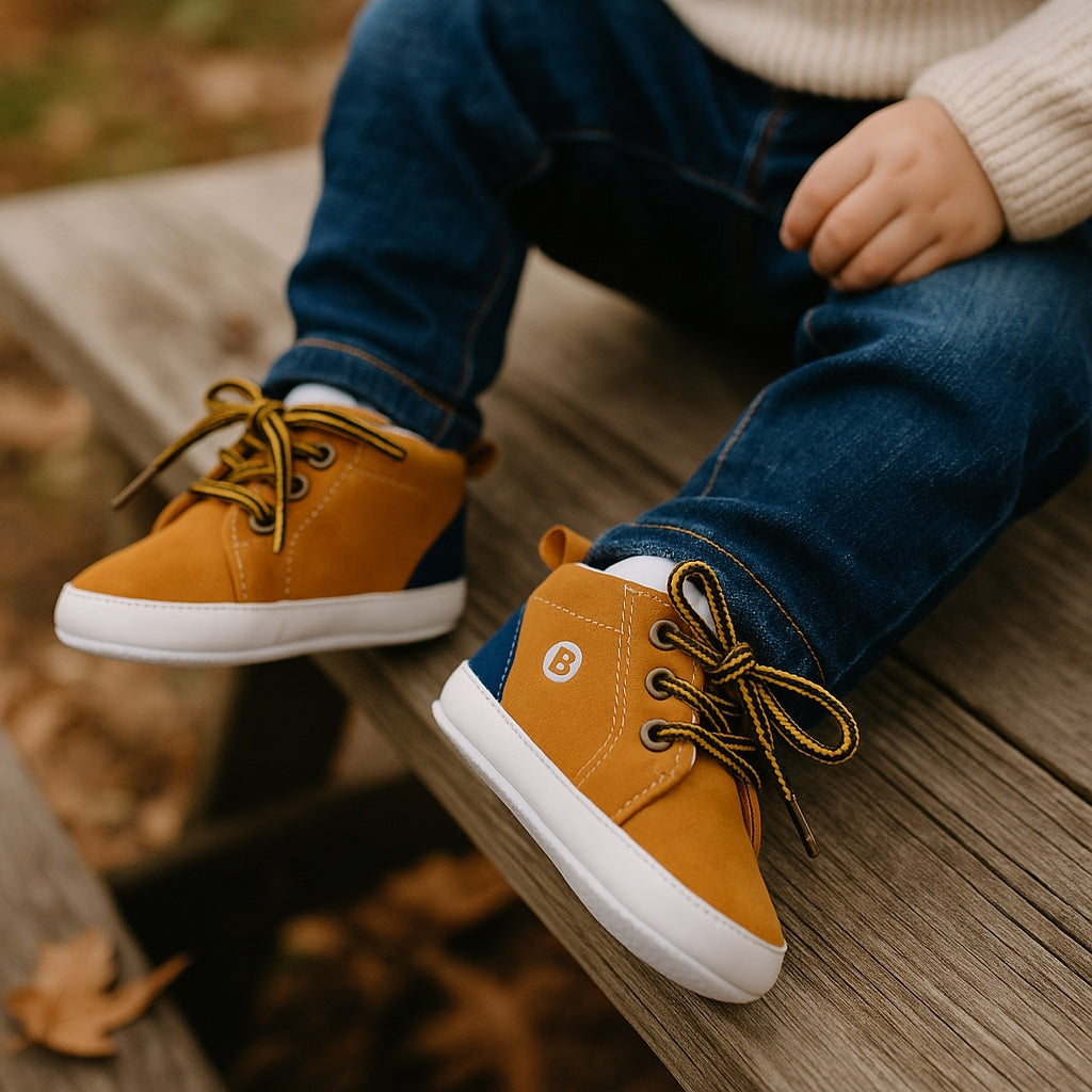 Chaussures Bébé Garçon Taille 16/17 - Boite à Malice Camel et Bleu Marine - la petite friperie