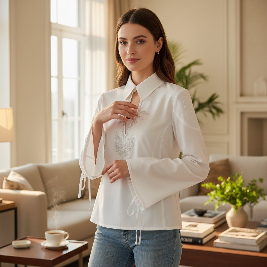 Chemisier femme IKKS blanc taille 38 avec broderies et manches évasées.