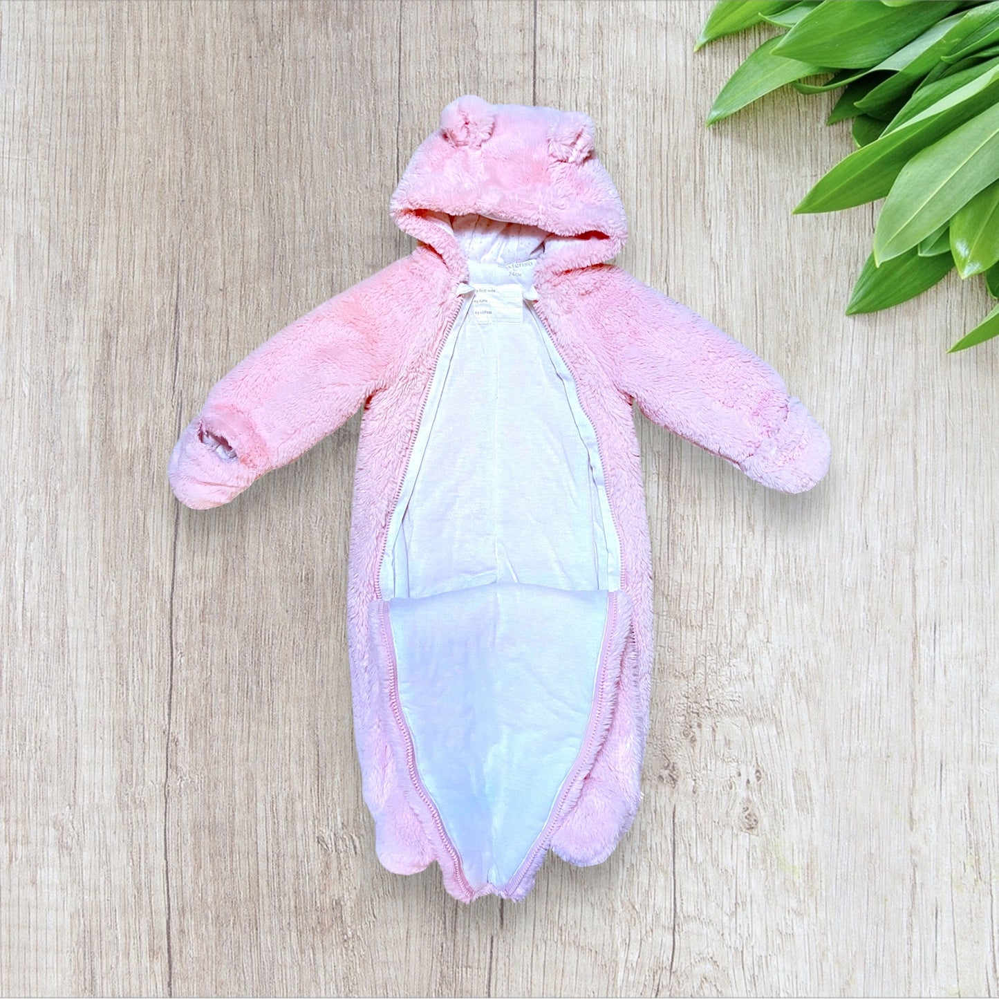 Combinaison intégrale bébé Inextenso 9 mois rose clair fausse fourrure capuche oreilles ours