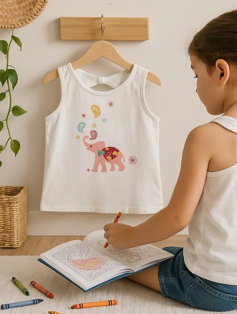 Débardeur fille 6 ans Districenter – blanc avec éléphant rose et pompons colorés districenter