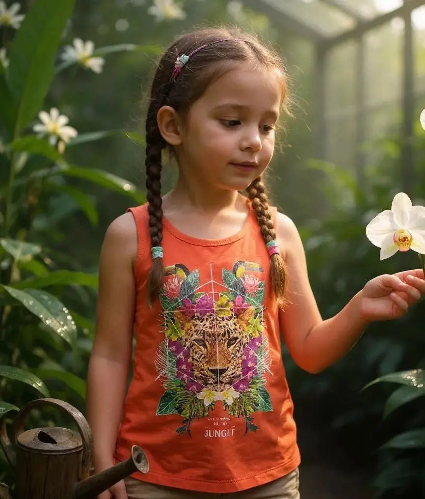Débardeur fille Orchestra corail 3 ans avec flocage tropical léopard et toucans