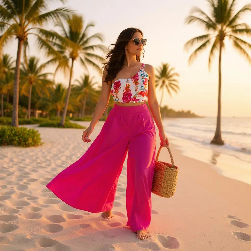 Ensemble Shein femme taille L très bon état avec haut asymétrique fleuri et pantalon fuchsia
