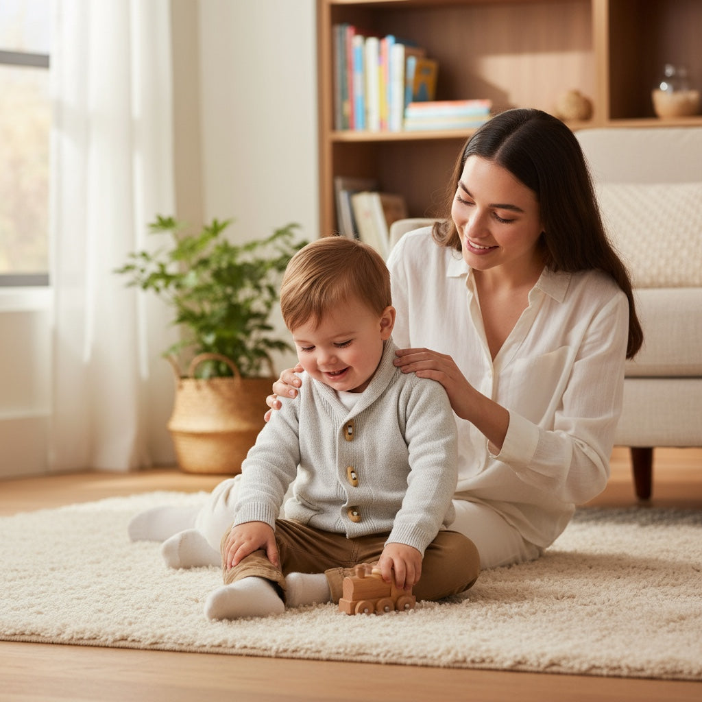 Gilet bébé garçon Pat & Ripaton 6 mois crème avec col V et boutons marron clair, très bon état