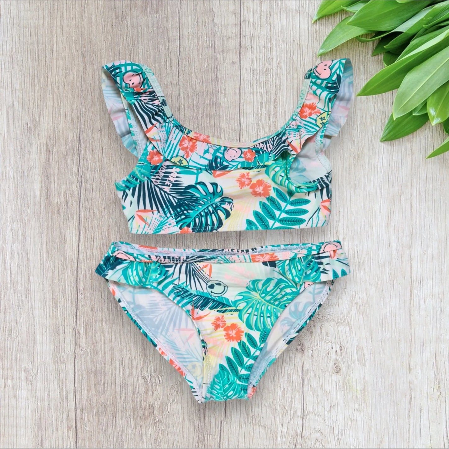 Maillot de bain 2 pièces fille Orchestra 5 ans tropical blanc turquoise corail smiley volants