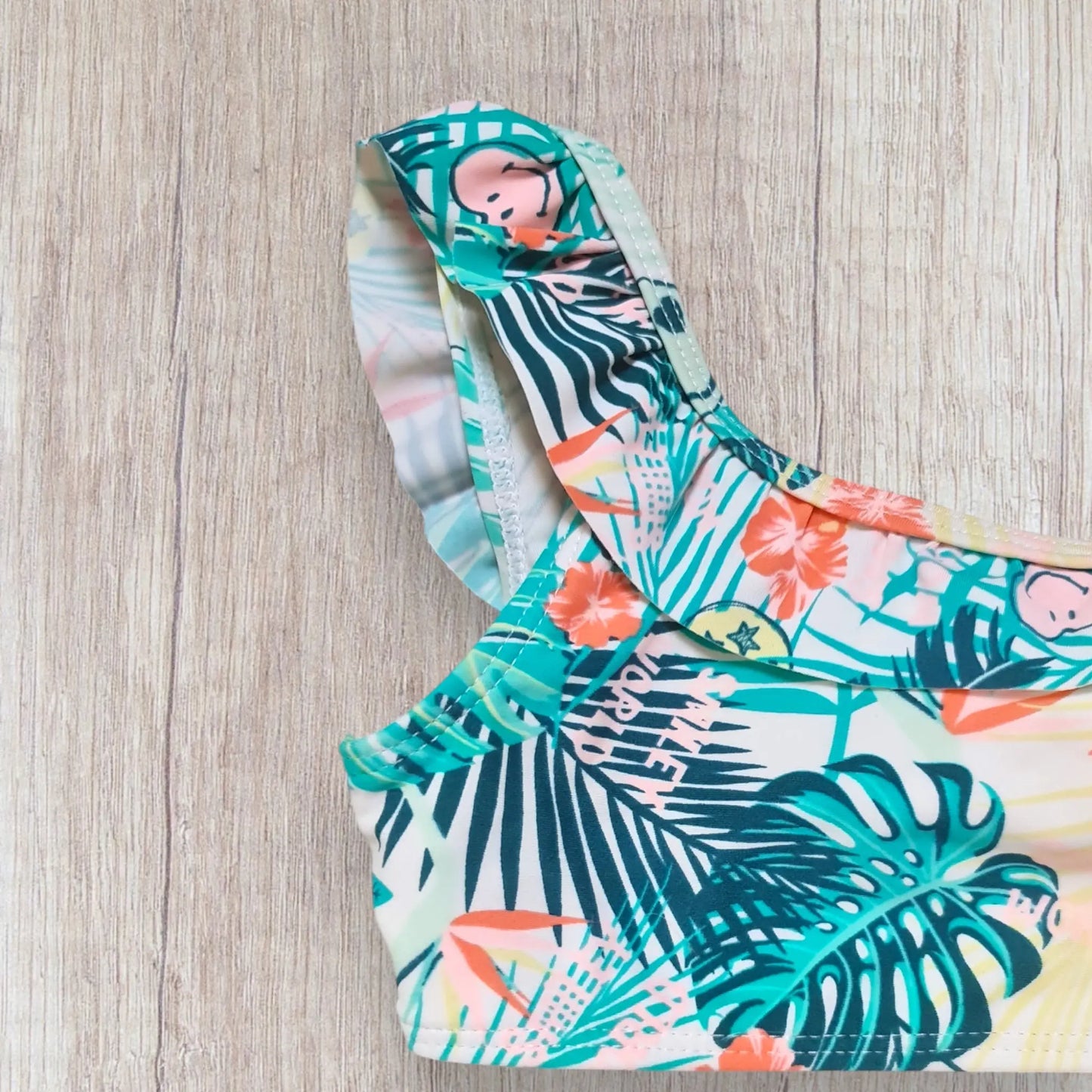 Maillot de bain 2 pièces fille Orchestra 5 ans tropical blanc turquoise corail smiley volants