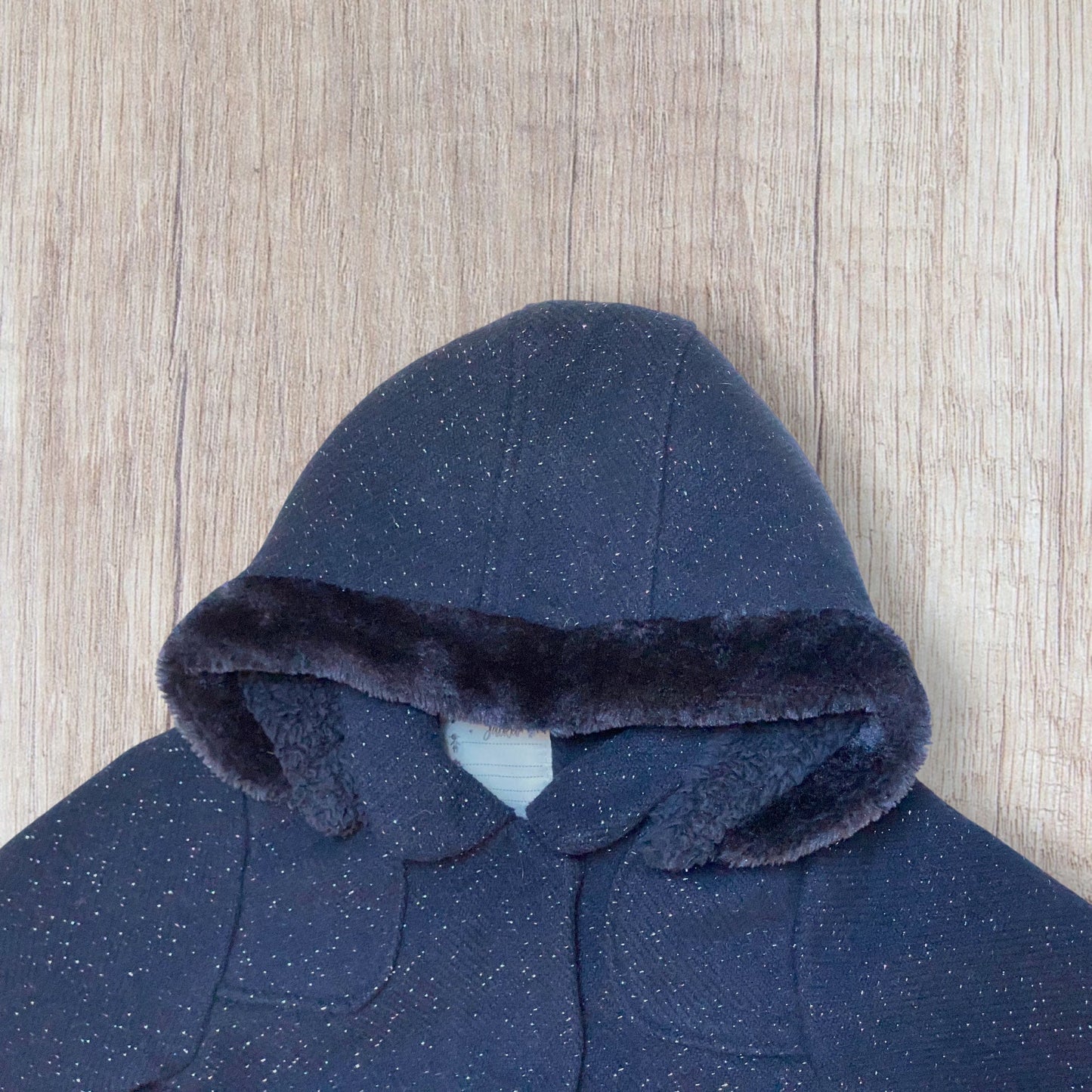 Manteau fille Vertbaudet 5 ans bleu marine à fils argentés avec capuche amovible et doublure moumoute