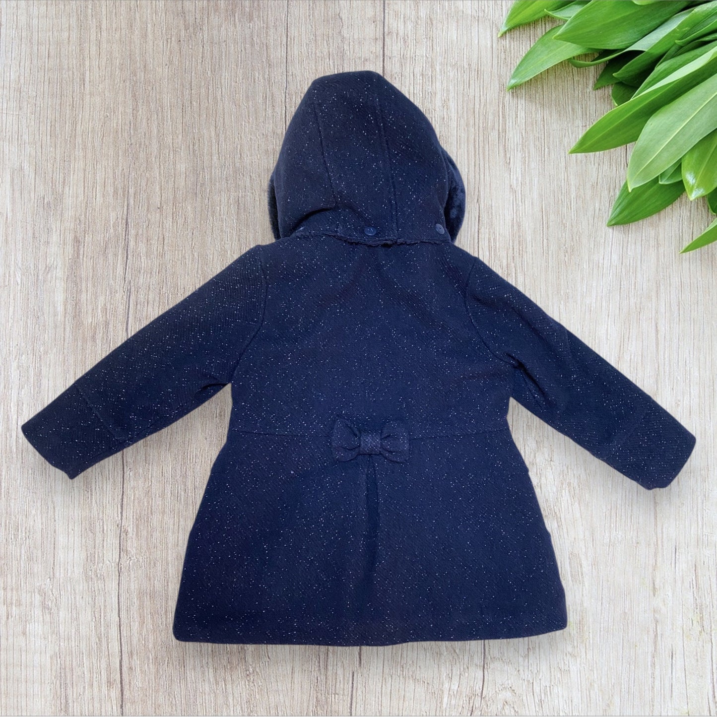 Manteau fille Vertbaudet 5 ans bleu marine à fils argentés avec capuche amovible et doublure moumoute