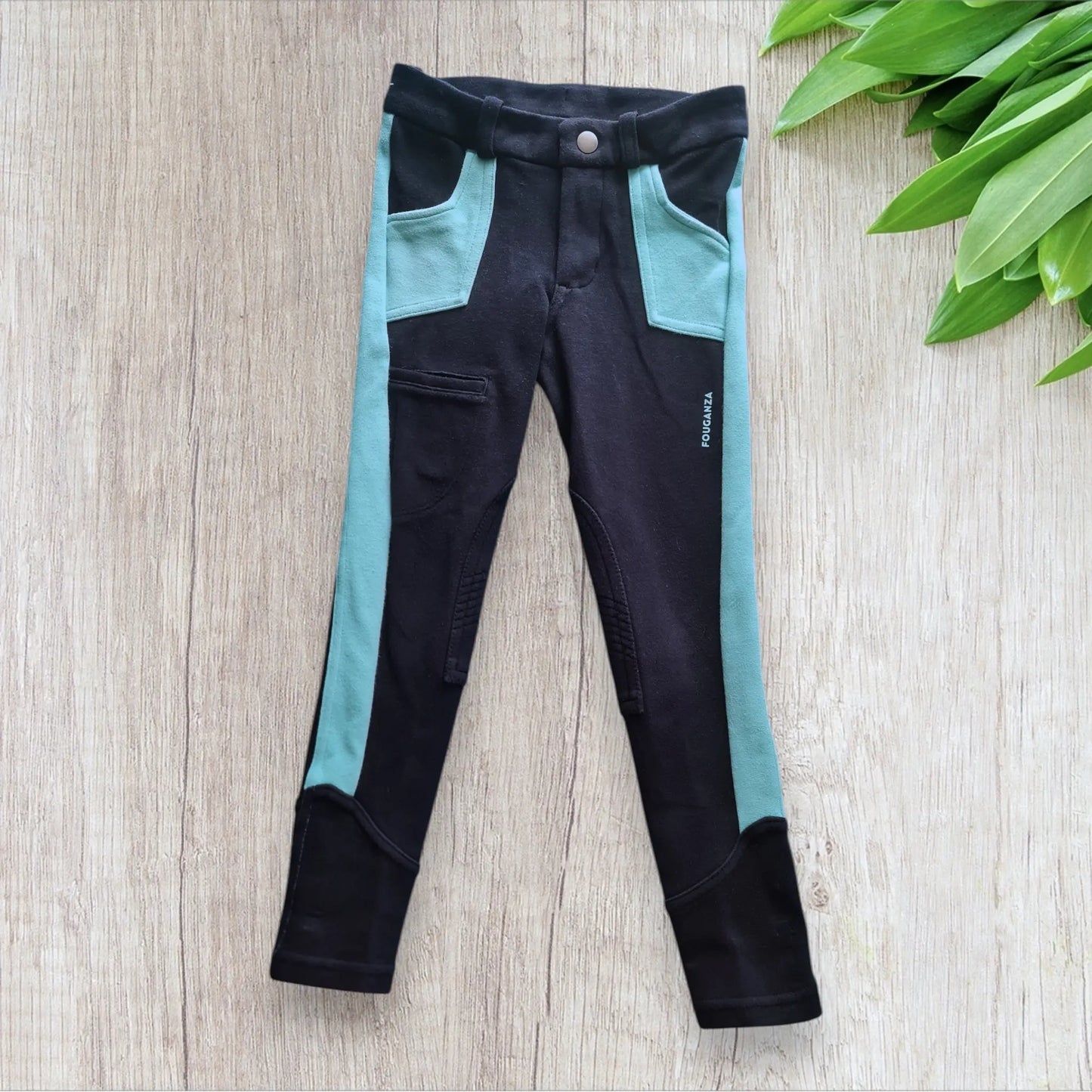 Pantalon équitation enfant Fouganza 5-6 ans bleu marine avec détails turquoise, très bon état