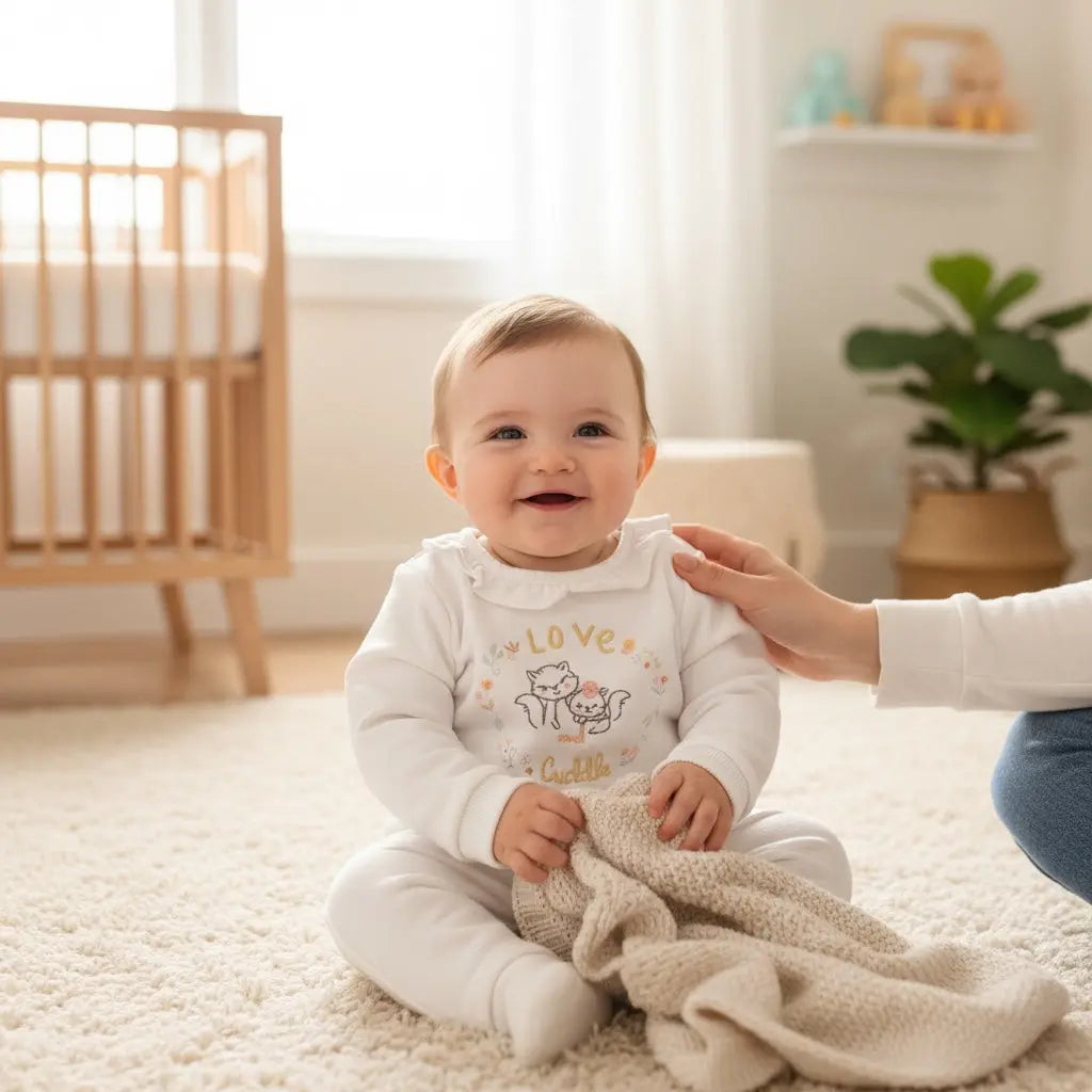 Pull bébé fille Orchestra 6 mois blanc fleuri avec renards brodés et écriture dorée pailletée, très bon état