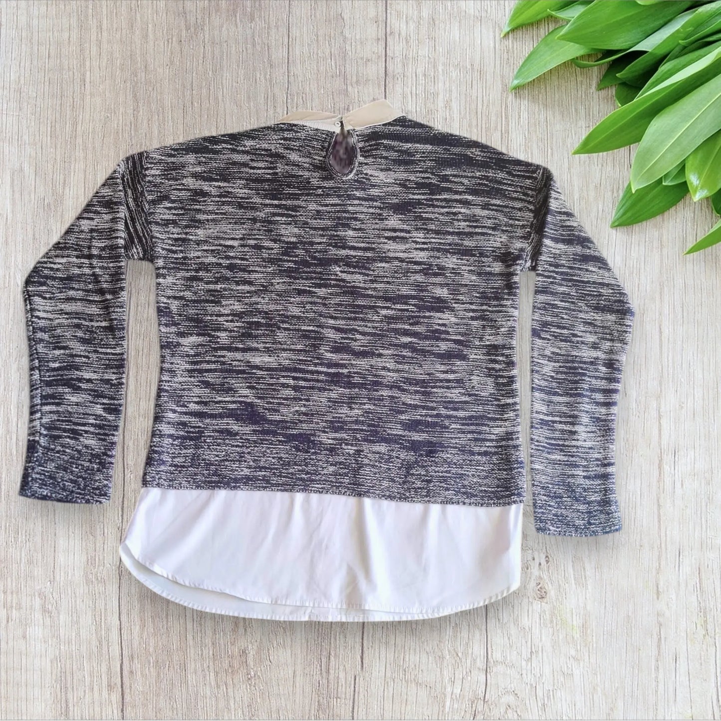 Pull chemise femme Bonobo taille S col Claudine blanc brodé et maille tricotée marine