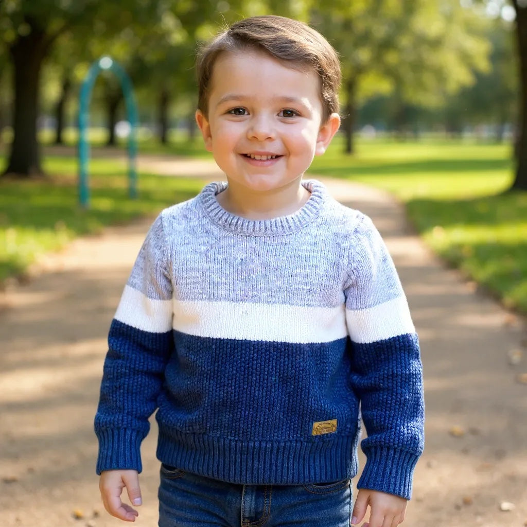 Pull garçon C&A 4 ans tricolore gris blanc bleu marine col rond manches longues – Très bon état