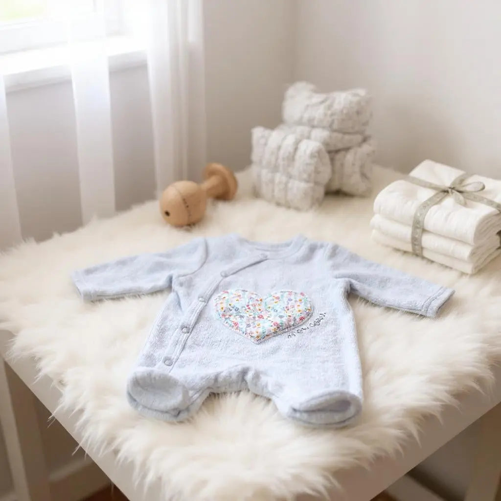 Pyjama Naissance Fille en Polaire Blanc avec Cœur Fleuri et Broderie Dorée - Mes Petits Cailloux Stokomani