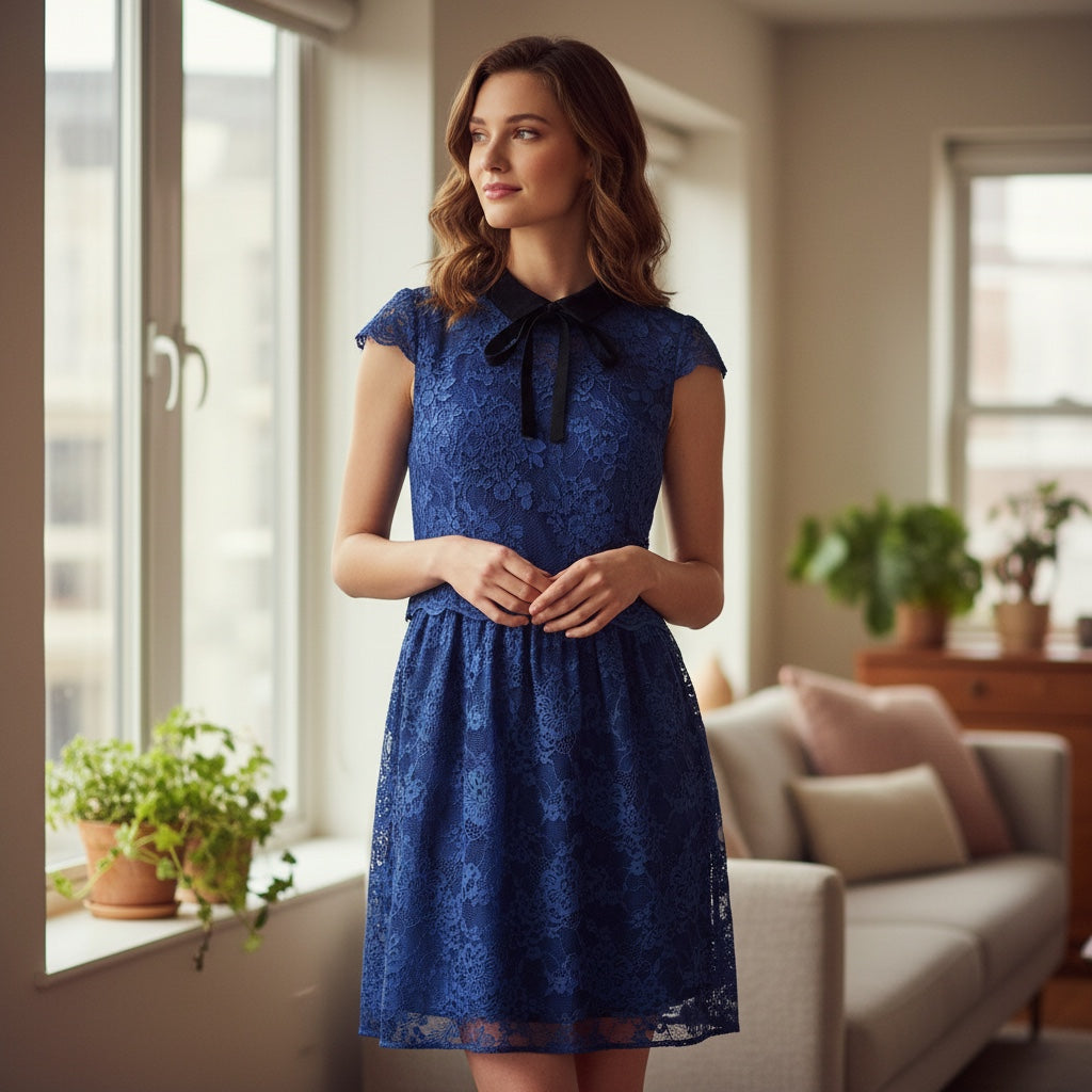 Robe femme Naf Naf taille 36 en dentelle bleu marine et noir.