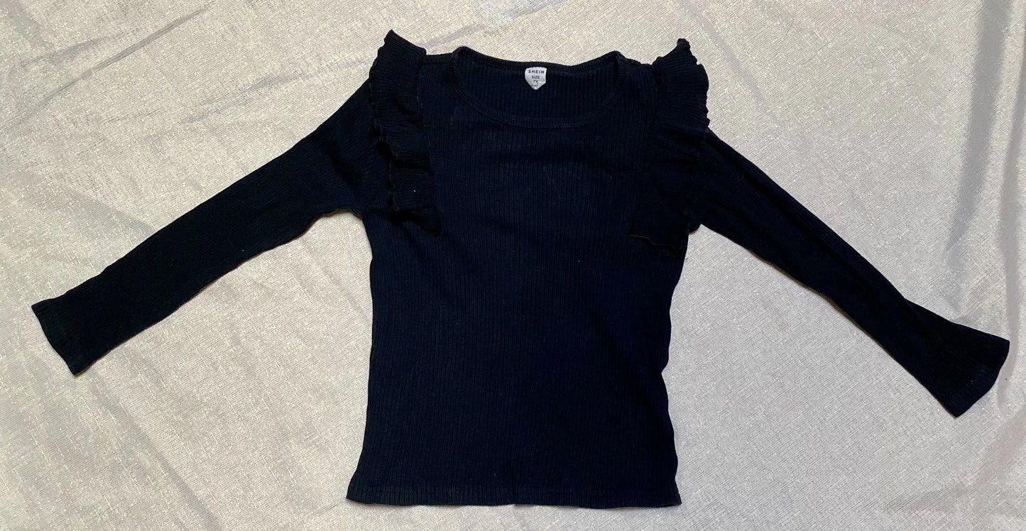 T-shirt Noir Rainuré avec Manches Longues et Volants - Fille 7 ans, Shein shein