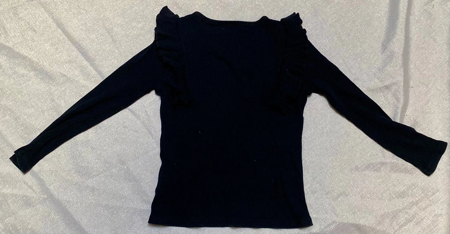 T-shirt Noir Rainuré avec Manches Longues et Volants - Fille 7 ans, Shein shein