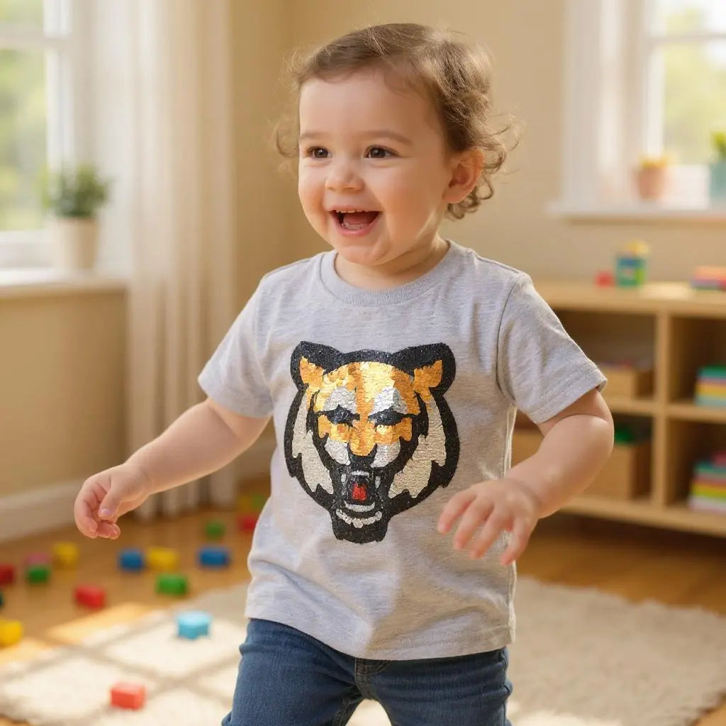 T-shirt enfant 5 ans Kiabi beige tigre sequins réversibles