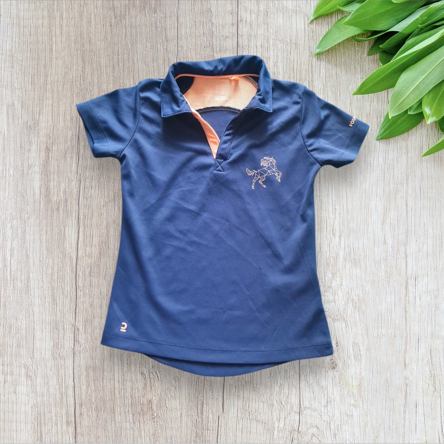 T-shirt équitation enfant Fouganza 6 ans bleu marine et corail, très bon état