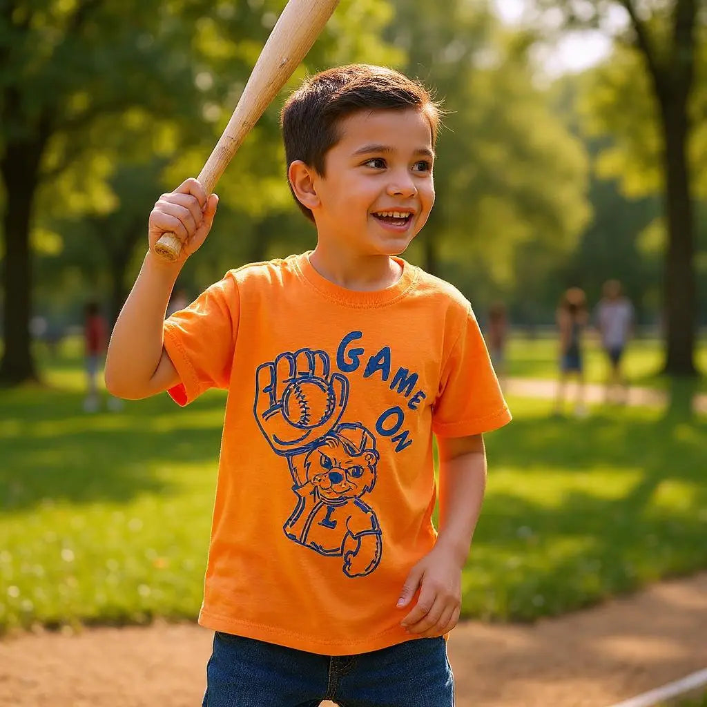 T-shirt garçon Tissaia – 5 ans – Très bon état – Orange uni – Ours baseball bleu marine intermarché