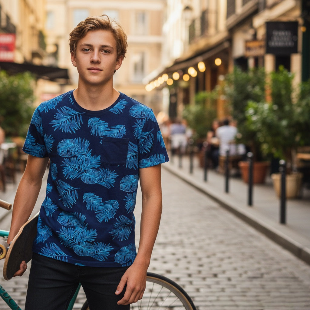 T-shirt Ado Garçon Bleu Foncé avec Imprimé Feuilles Tropicales, Taille 14 Ans (155-167 cm) - Marque In Extenso, Auchan