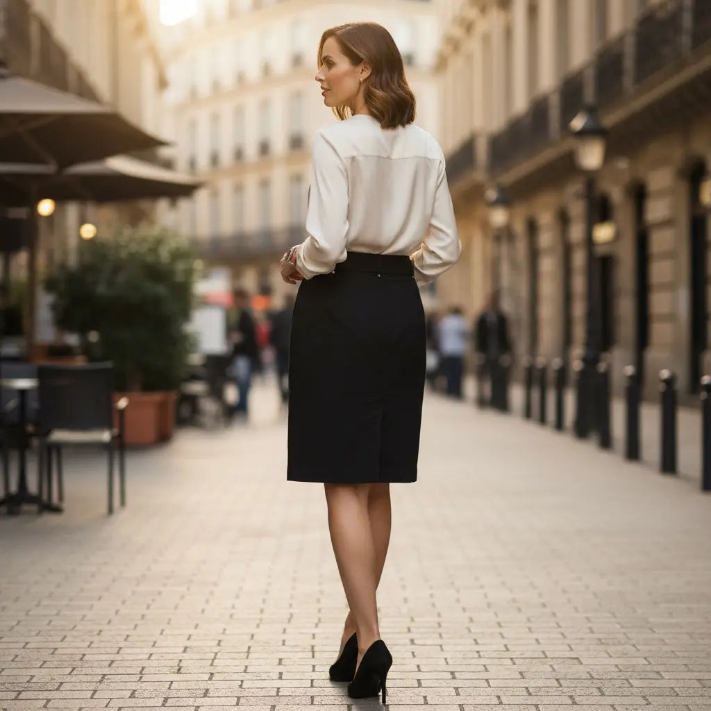 Jupe femme Morgan noire taille 38 avec ceinture métallique et boutons décoratifs.