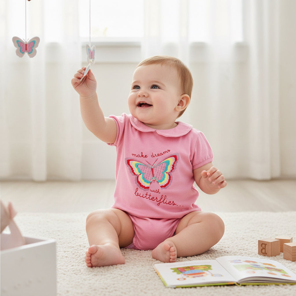 T-shirt Bébé Fille Rose Clair avec Papillon Pailleté - 3 Mois - DistriCenter