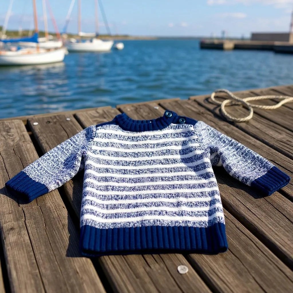 Pull Bébé Garçon 3Mois - Style Tricot Marinière Blanc et Bleu Marine - Tex