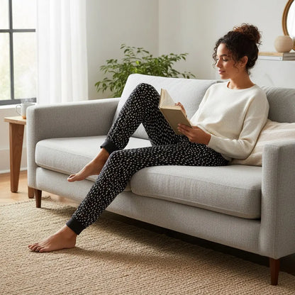 Bas de pyjama femme 9th Avenue L gris à pois noirs avec cordon ajustable et chevilles resserrées.
