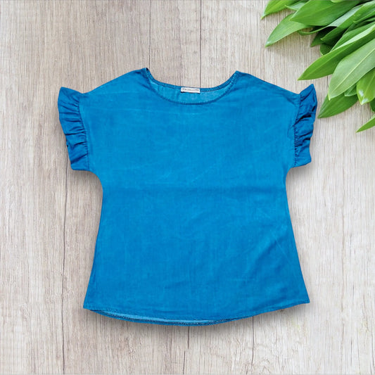 Blouse en Jean Femme Taille Unique Col Rond Manches Courtes avec Volants la petite friperie