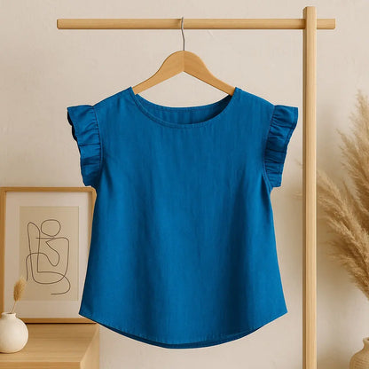 Blouse en Jean Femme Taille Unique Col Rond Manches Courtes avec Volants la petite friperie