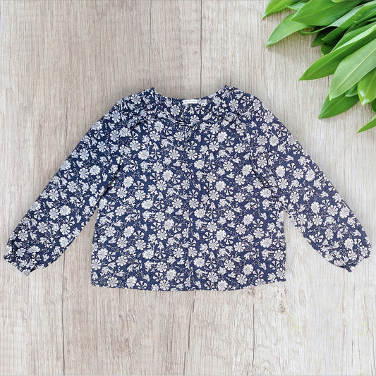 Blouse femme Gérard Pasquier 42 bleu marine à motif fleuri blanc, manches longues bouffantes et col à nouer