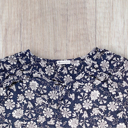 Blouse femme Gérard Pasquier 42 bleu marine à motif fleuri blanc, manches longues bouffantes et col à nouer