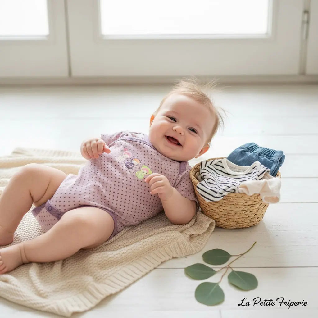 Body Fille 1 Mois (54 cm) - Manches Courtes Violet à Pois avec Motif Trois Petites Filles - Kiabi