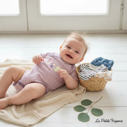 Body Fille 1 Mois (54 cm) - Manches Courtes Violet à Pois avec Motif Trois Petites Filles - Kiabi