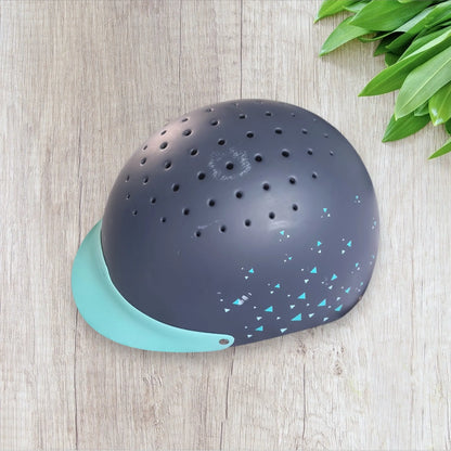 Bombe d’équitation enfant Fouganza taille S 52-55 cm bleu marine et turquoise, bon état, mousse turquoise, sangle grise