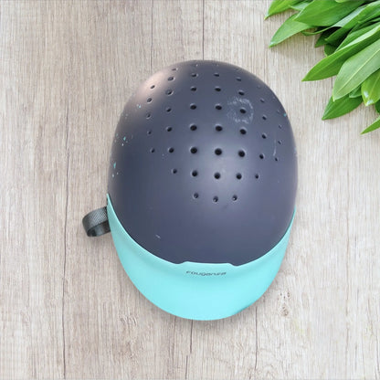 Bombe d’équitation enfant Fouganza taille S 52-55 cm bleu marine et turquoise, bon état, mousse turquoise, sangle grise