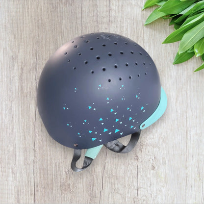 Bombe d’équitation enfant Fouganza taille S 52-55 cm bleu marine et turquoise, bon état, mousse turquoise, sangle grise