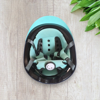 Bombe d’équitation enfant Fouganza taille S 52-55 cm bleu marine et turquoise, bon état, mousse turquoise, sangle grise