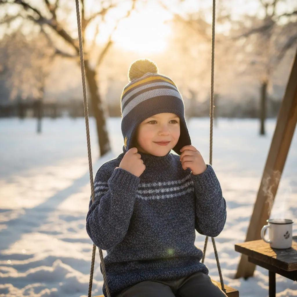 Bonnet bébé garçon Mes Petits Cailloux bleu marine à pompon tricolore et rayures.