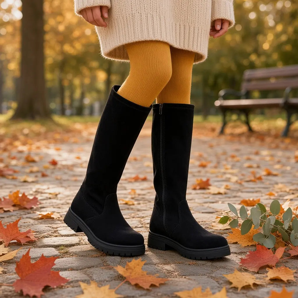 Bottes fille Lovely Skull 33 noires en faux daim montantes jusqu'au genou.