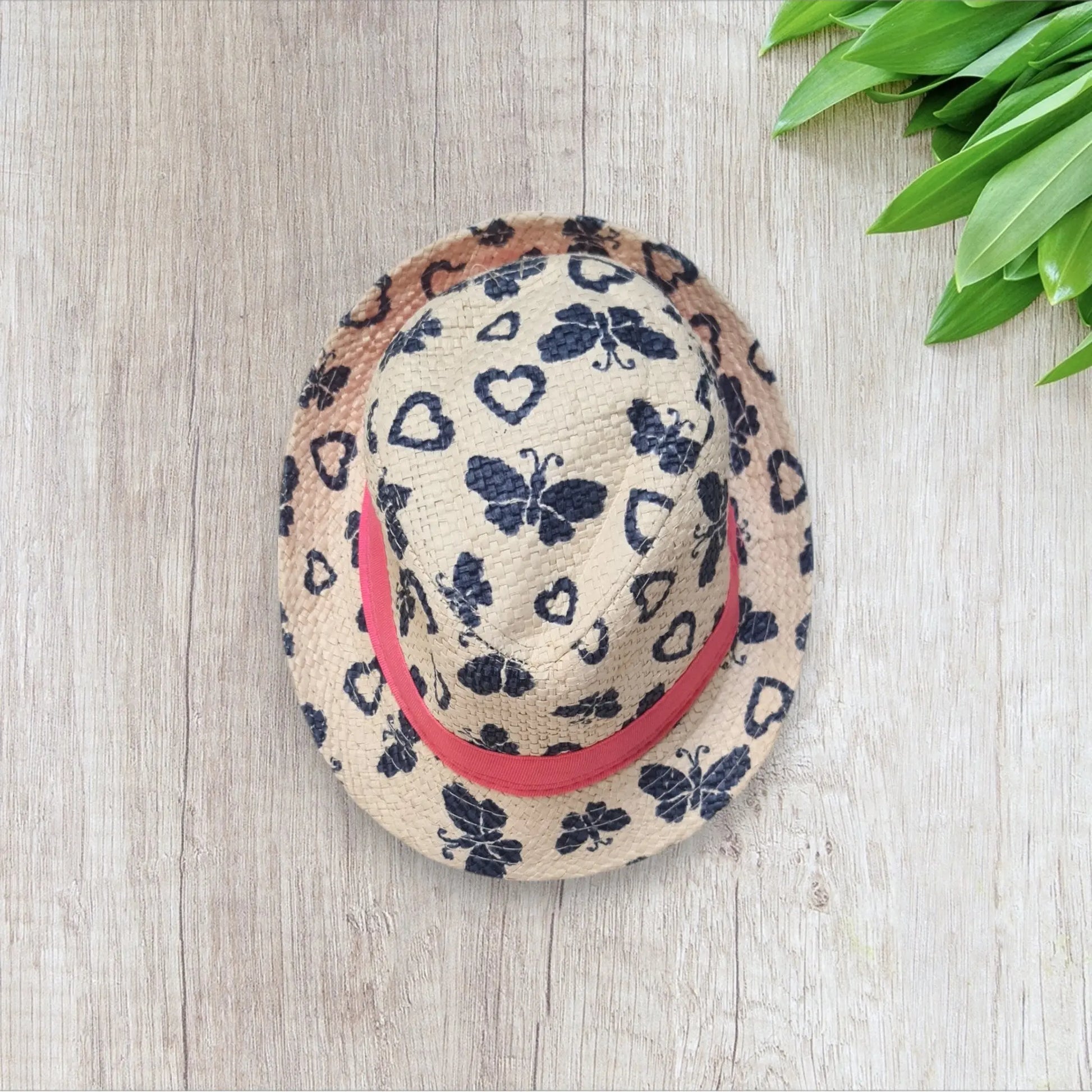 Chapeau paille enfant fille 52 cm ruban rose papillons bleus