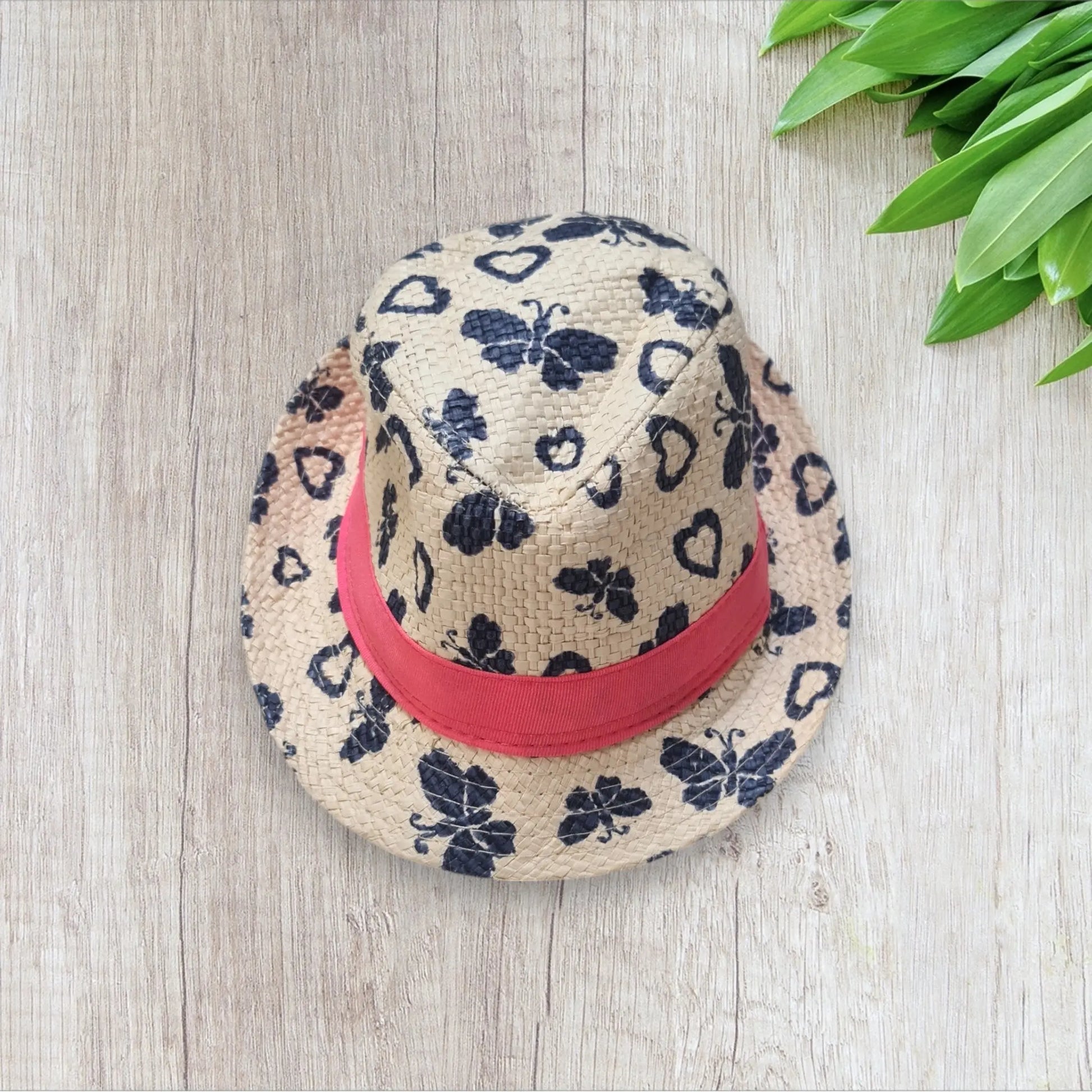 Chapeau paille enfant fille 52 cm ruban rose papillons bleus