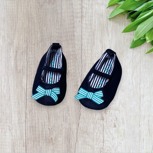 Chaussures bébé fille noires Grain de Blé avec nœud rayé turquoise – pointure 17-18 – très bon état – marque Z Génération