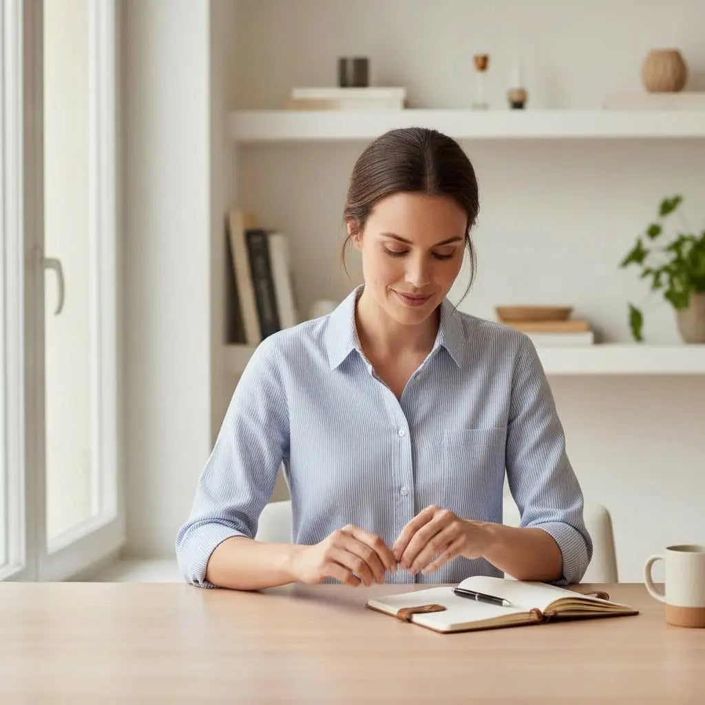 Chemise femme Promod S bleu ciel à fines rayures blanches avec boutons en nacre et manches 3/4.